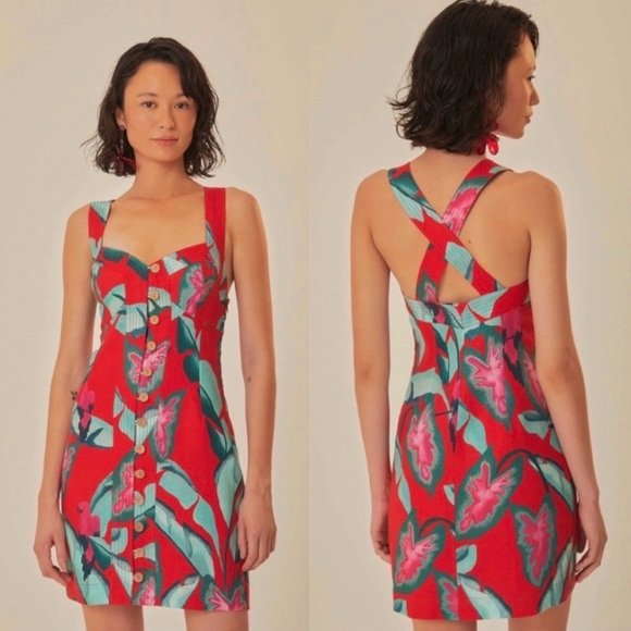 FARM Rio Dresses & Skirts - Farm Rio Red Tropical Foliage Button Front Mini Dress – Size Medium